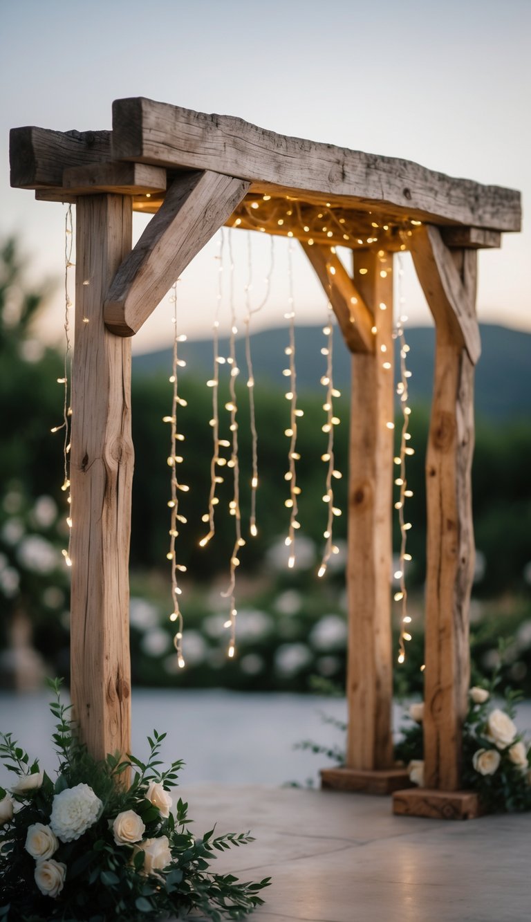 A rustic wooden arch decorated with hanging fairy lights set outdoors with greenery in the background.